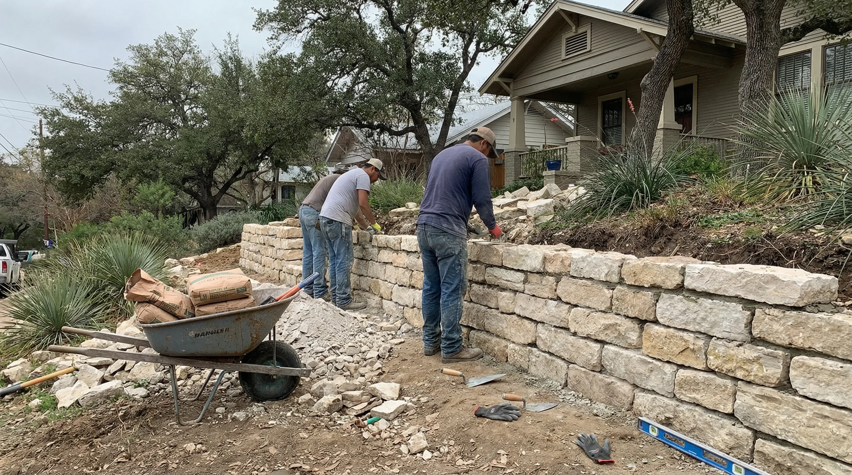Dripping Springs dry creek bed: rock sizing, filter fabric, and runoff path to prevent erosion