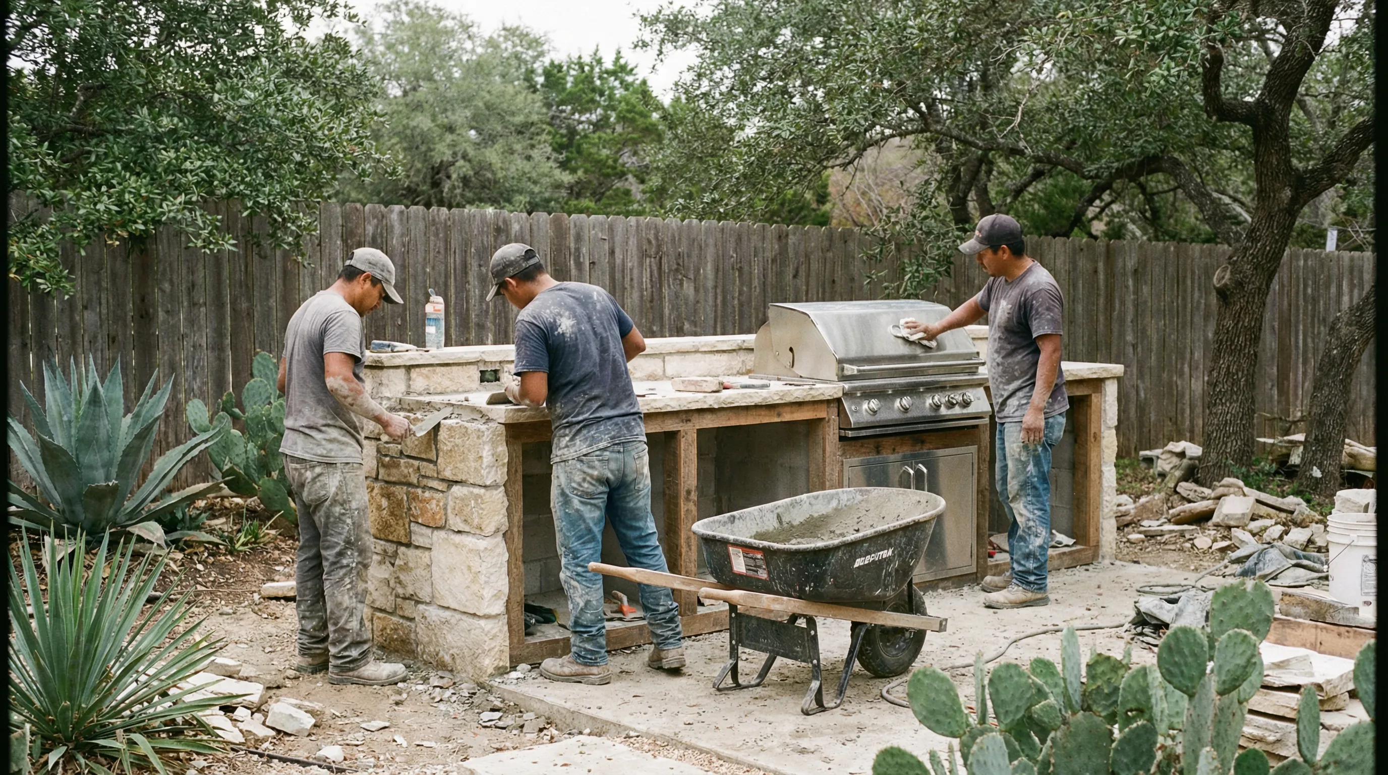 Cedar Park backyard zones: dining patio, grill area, shade structure, and safe path layout