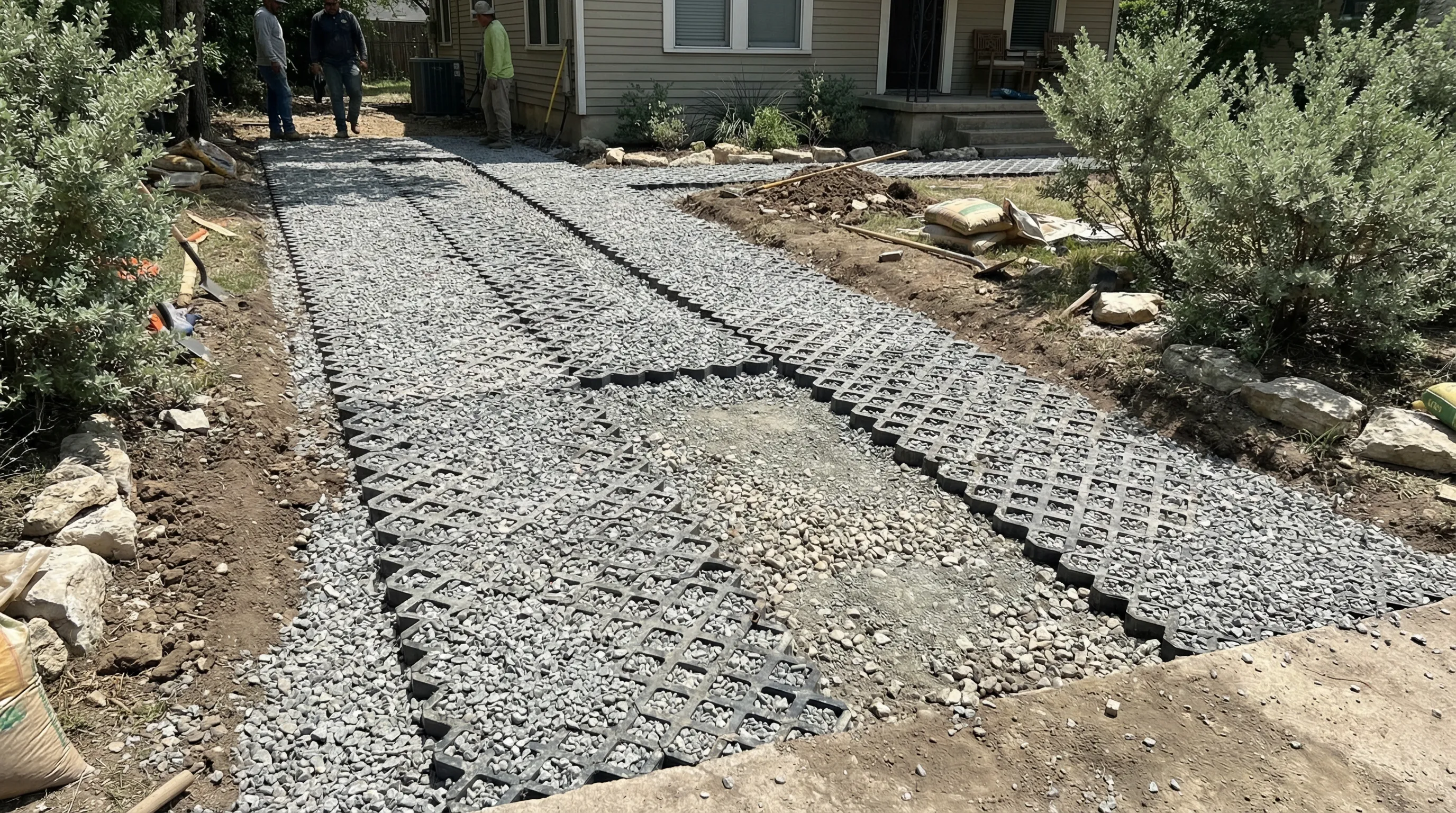 Austin hardscape plan: patio slope, downspout routing, and drain locations to prevent pooling